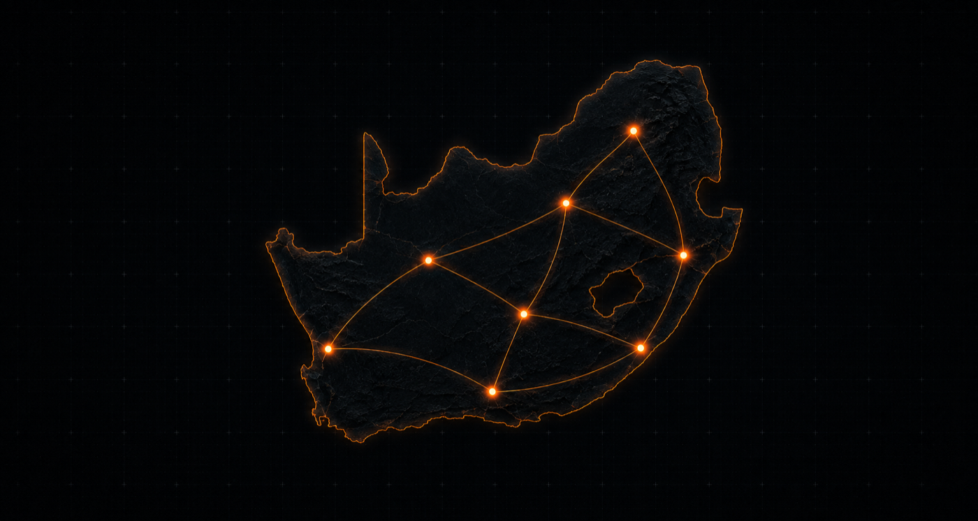 Clean demonstration map of South Africa with eight connected freight-network nodes